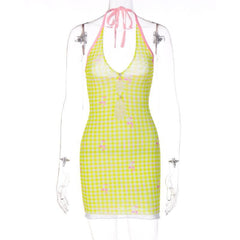 Sheer mesh plaid contrast print halter ruffle backless mini dress | samba dress