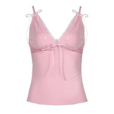 Ribbon bowknot lace hem v neck cami top