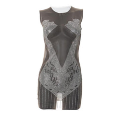 Sleeveless crewneck beaded mesh patchwork see through mini dress