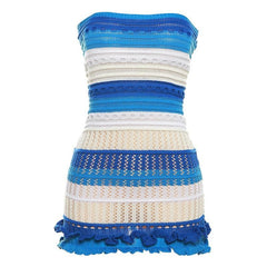 Backless ruffle contrast striped crochet tube dress | red tango dress