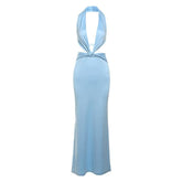 Halter deep v neck ruched backless maxi dress