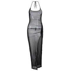 Halter drawstring sheer mesh see through slit backless maxi dress | samba dress