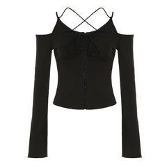 Off shoulder long sleeve self cross back button top