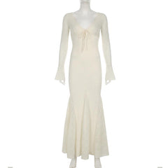 V neck long sleeve lace bowknot maxi dress