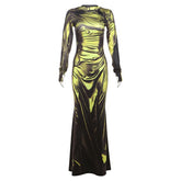 Long sleeve crewneck ruched print maxi dress