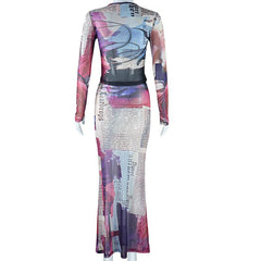 Long sleeve crewneck abstract mesh maxi skirt set