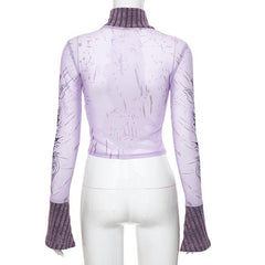 Long flared sleeve high neck see through letter print mesh top
