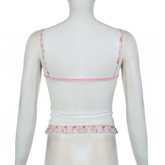 Ruffle stitch patchwork bowknot print cami top