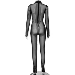 Long sleeve high neck cross front mesh see through jumpsuit