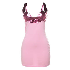 Hollow out metallic patchwork backless cami mini dress