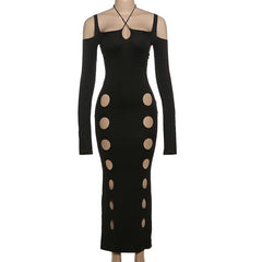 Hollow out long sleeve halter cross front self tie maxi dress | black rave dress