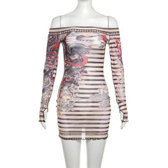 Stitch sheer mesh see through abstract off shoulder mini dress | samba dress