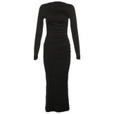 Ruched solid long sleeve zip-up maxi dress | red tango dress