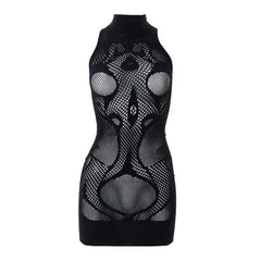 Fishnet sleeveless hollow out high neck see through mini dress