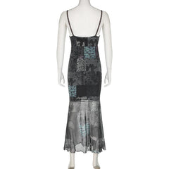 V neck print lace hem mesh cami midi dress