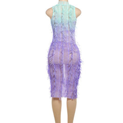 Gradient tassels hollow out see through crewneck midi dress