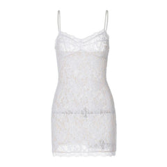 V neck see through lace bowknot cami mini dress