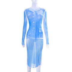 Sheer mesh see through turtle neck long sleeve contrast print midi dress | samba dress