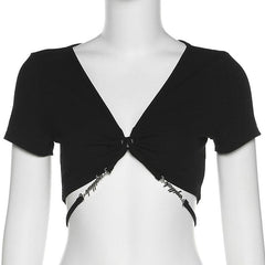 Short sleeve v neck metal letter self tie back crop top