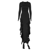 Long sleeve hoodie gloves ruffle maxi dress | red tango dress