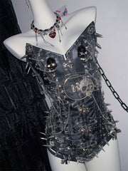 Skull metal chain PU leather lace up rivet tube top