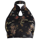 Halter hollow out dragon embroidery crop cut out top
