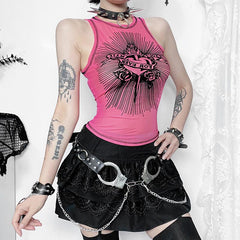 Sleeveless crewneck print sheer mesh stitch top