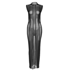 Sleeveless solid sheer mesh see through backless midi dress | samba dress