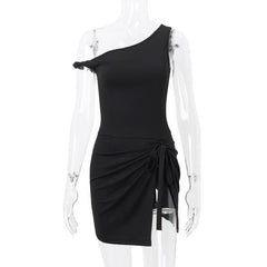 One shoulder knotted high slit ruched mini dress