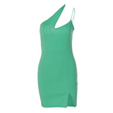 Hollow out slit solid sleeveless one shoulder backless mini dress | red tango dress