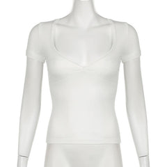 Short sleeve v neck lace hem solid top