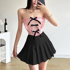Heart pattern ruffle bowknot textured tube top