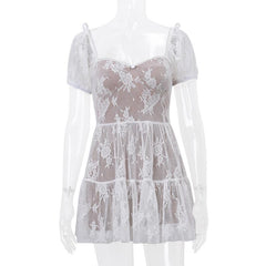 Short puff sleeve bowknot lace ruffle mini dress