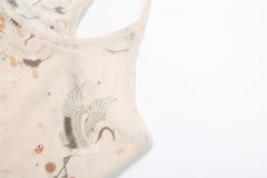 U neck sheer mesh print beaded tank top