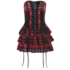 Plaid lace up self tie tube mini dress