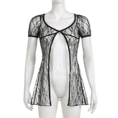 Lace short sleeve button see through ruffle solid top