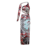 Irregular print contrast drawstring ruched high slit hollow out maxi dress | red tango dress