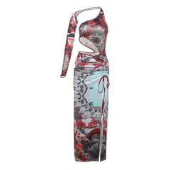 Irregular print contrast drawstring ruched high slit hollow out maxi dress | red tango dress