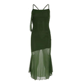 Ruffle irregular mesh cross back cami midi dress