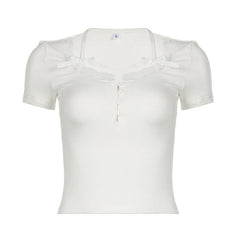 Short sleeve lace hem ribbed bowknot button crop top