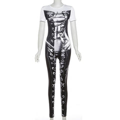 Short sleeve crewneck body print zip-up jumpsuit