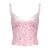 V neck bowknot lace hem ruffle print cami top