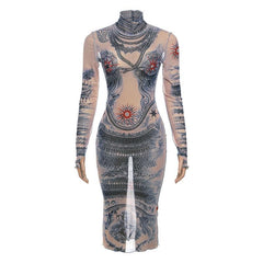 Sheer mesh see through abstract contrast print long sleeve gloves midi dress | samba dress