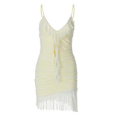 V neck ruffle hollow out ruched mesh cami mini dress
