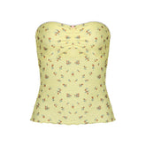 Ruched ruffle print flower applique tube top
