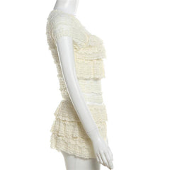 Crewneck ruffle lace ruched cap sleeve pant set