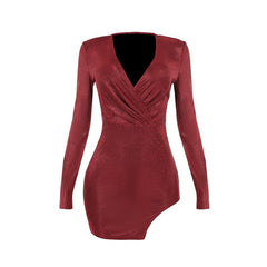 V neck long sleeve ruched slit glitter mini dress | red tango dress