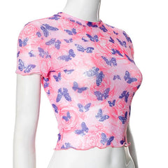 Short sleeve butterfly print sheer mesh crewneck ruffle top