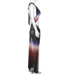 Ruched halter self tie cross front sheer mesh gradient maxi dress | samba dress