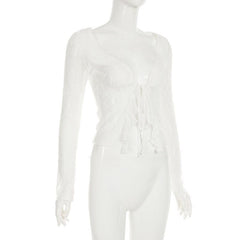 Long sleeve lace ruffle irregular self tie top